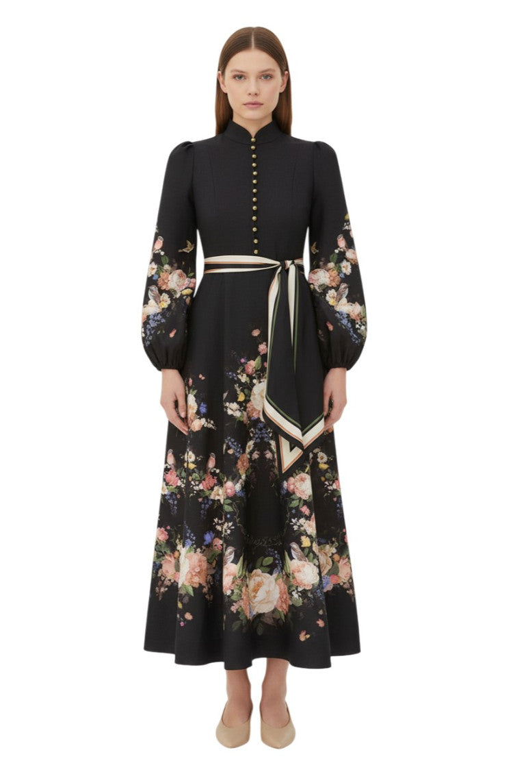 Black Mandarin Collar Midi Dress 1