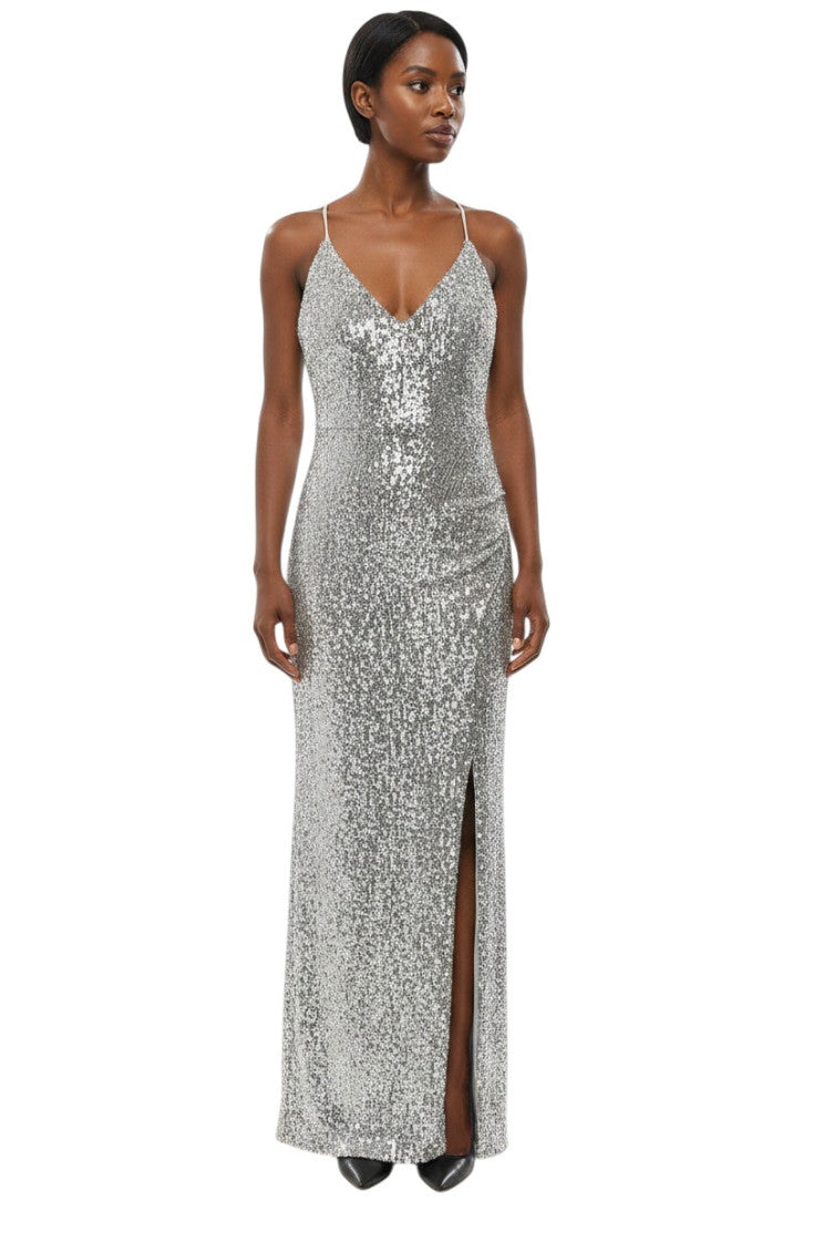 Silver V Neck Maxi Dress 1