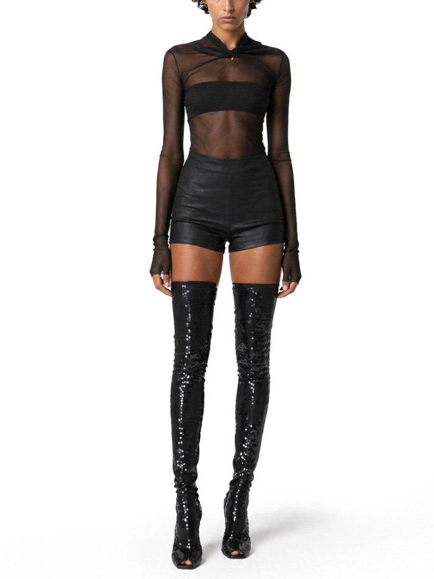 Black Leather Solid Shorts 3