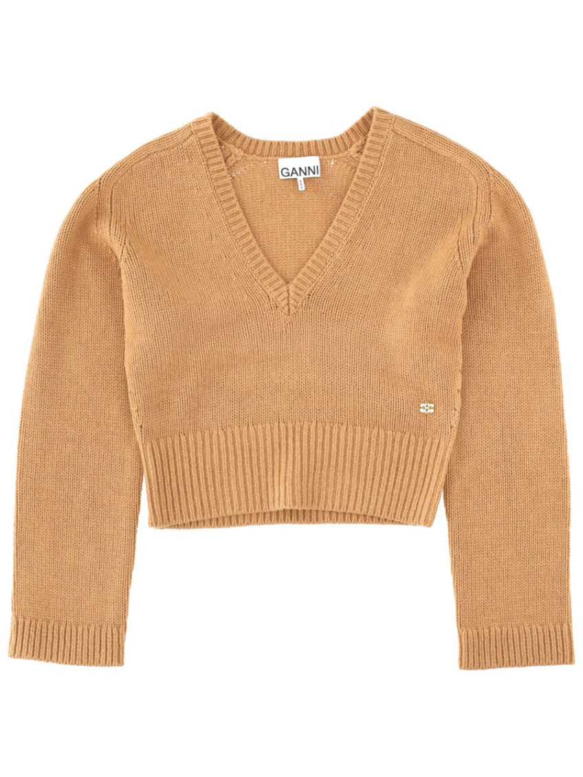 Beige Knitted V Neck Sweater 1