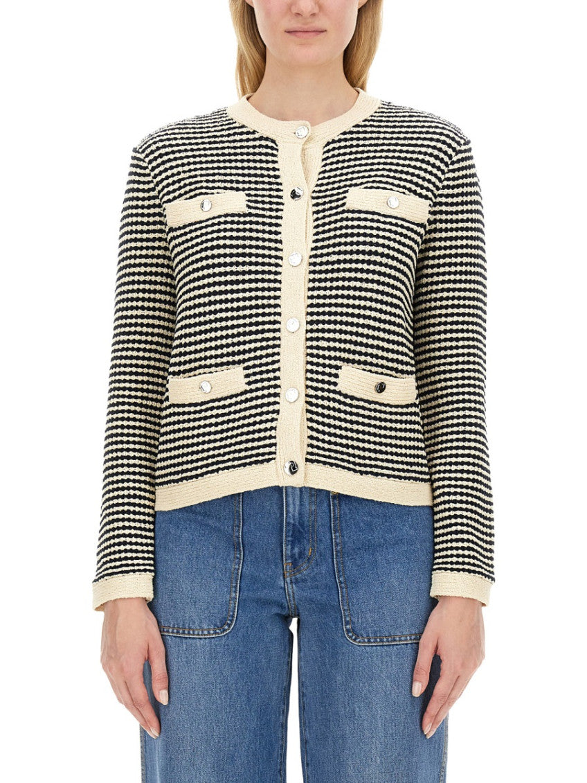 Beige Stripes Round Neck Cardigan 1