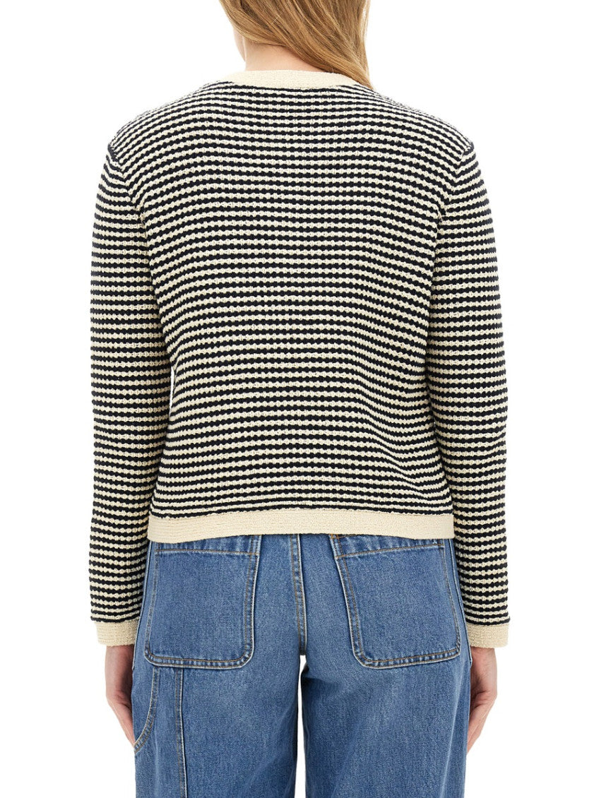 Beige Stripes Round Neck Cardigan 2