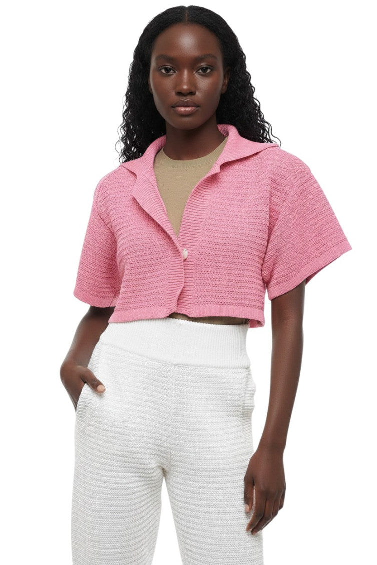 Pink Knitted Shirt Collar Cardigan 1