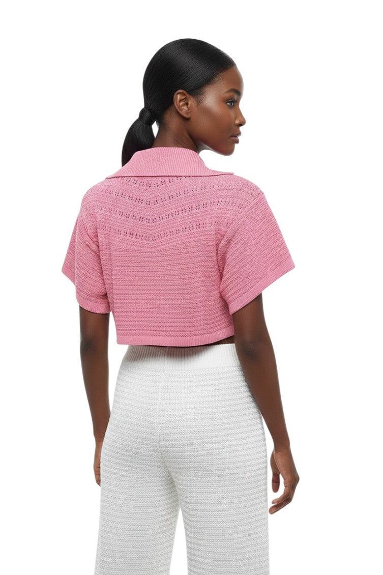 Pink Knitted Shirt Collar Cardigan 2