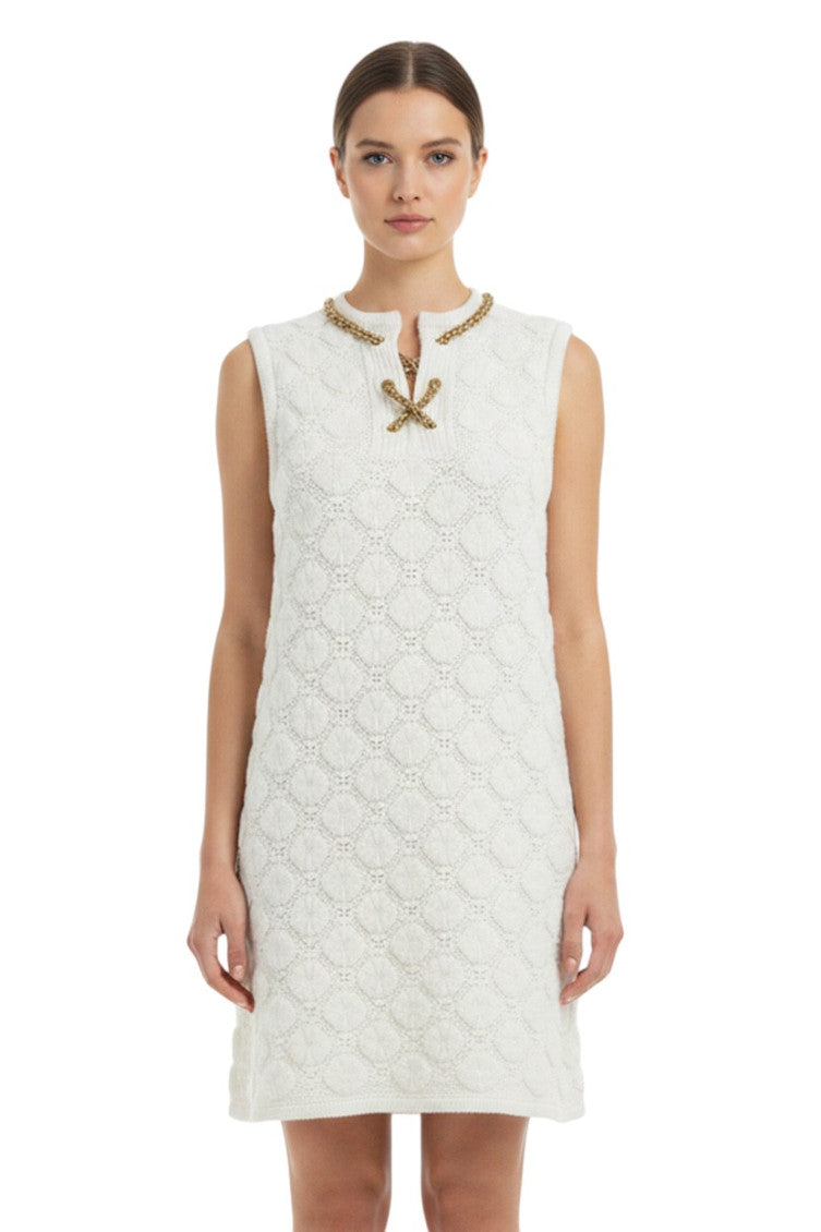 White Crochet Round Neck Mini Dress 1