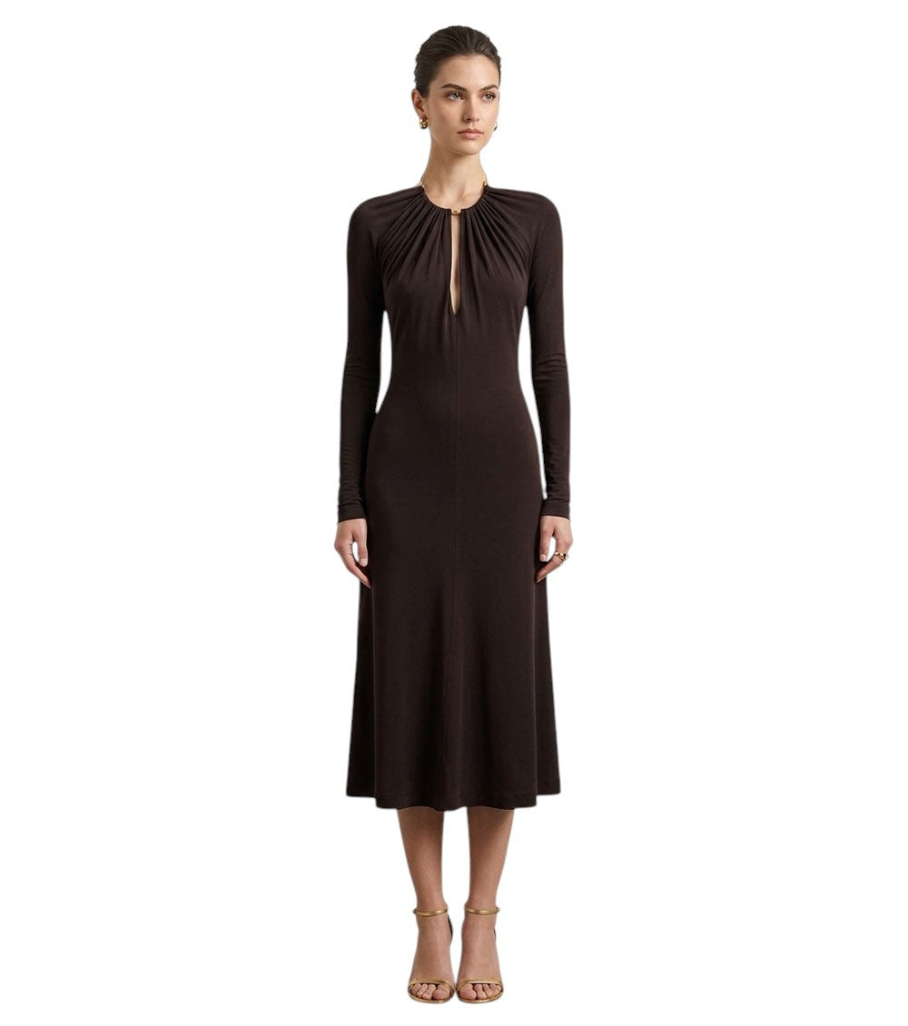 Brown Solid Round Neck Maxi Dress 1