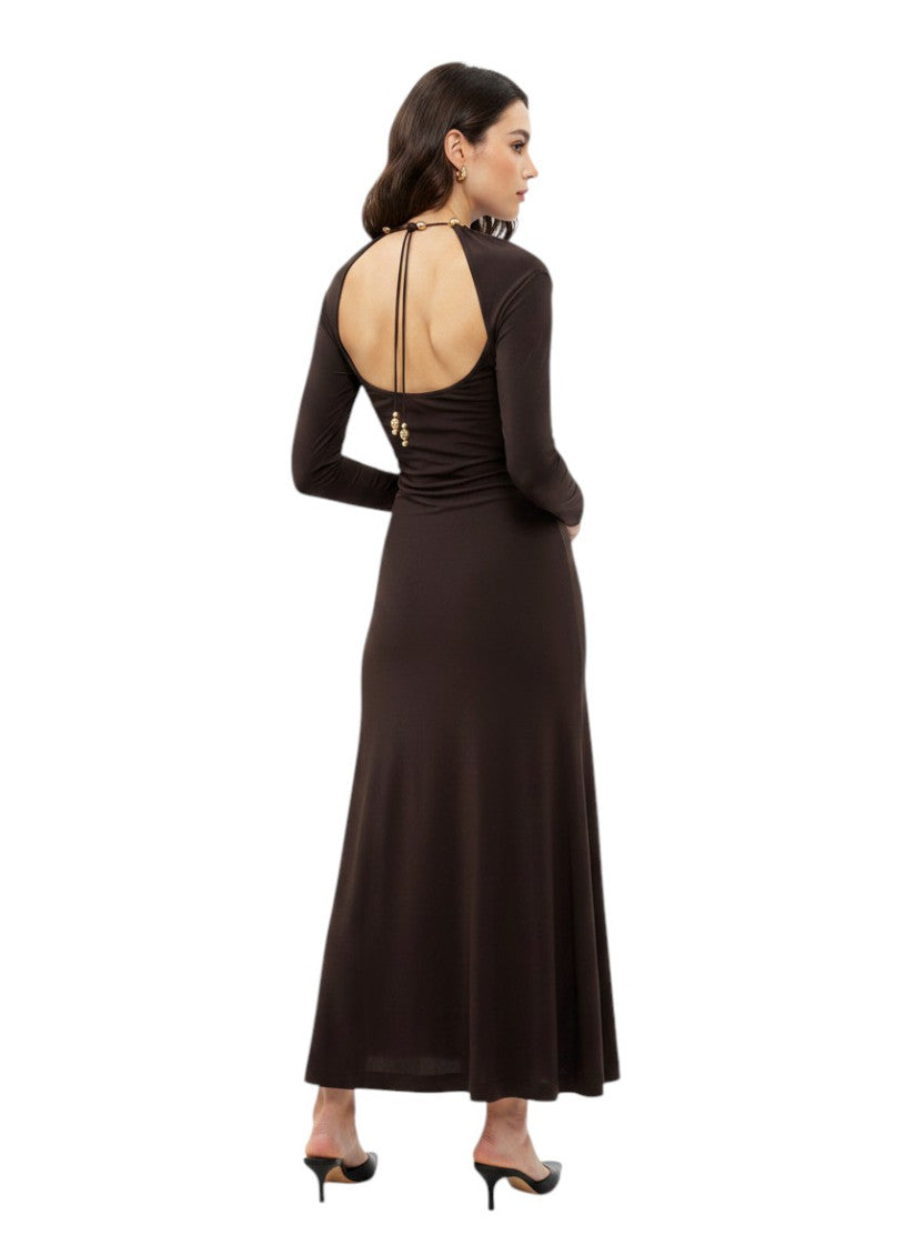Brown Solid Round Neck Maxi Dress 2