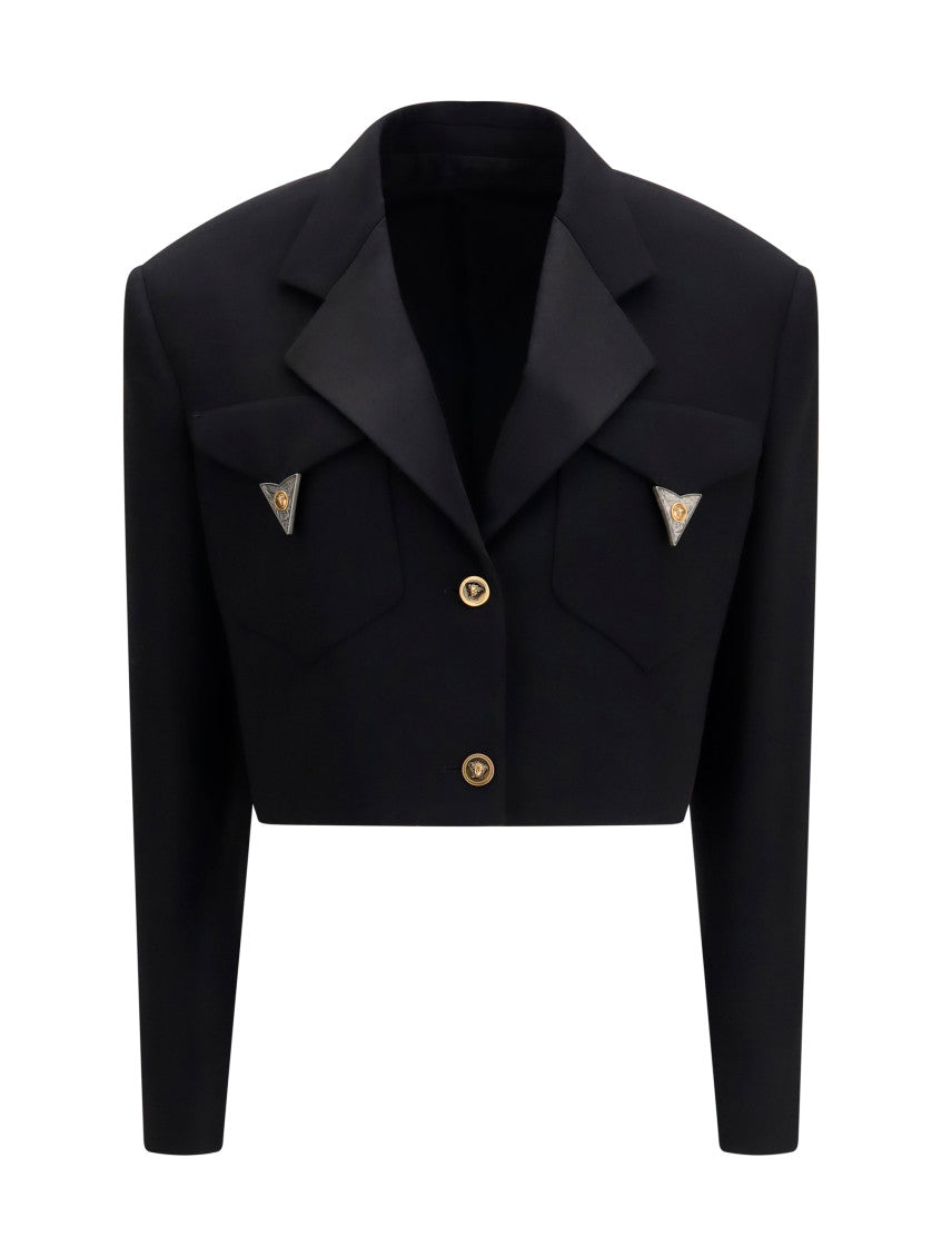 Black Solid Peaked Lapel Blazer 1