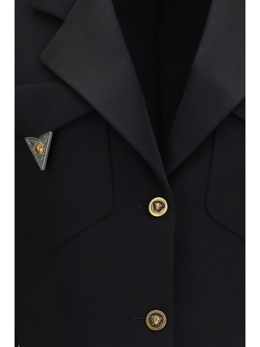 Black Solid Peaked Lapel Blazer 3