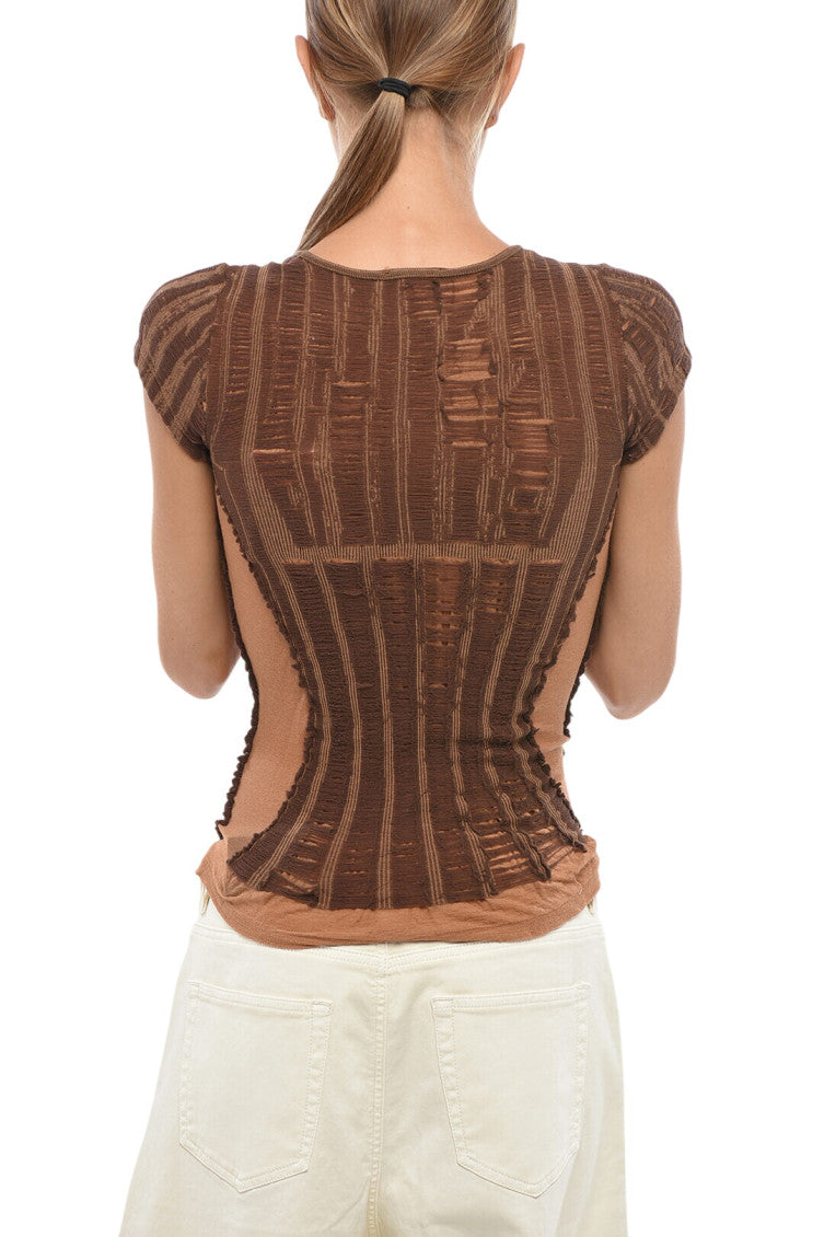 Brown Textured Crew Neck T-Shirt 2
