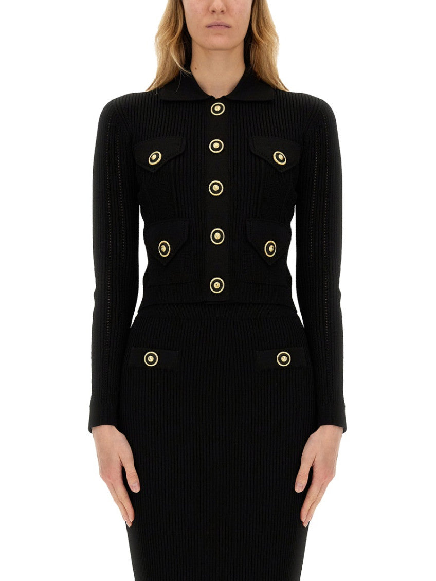 Black Knitted Shirt Collar Cardigan 1