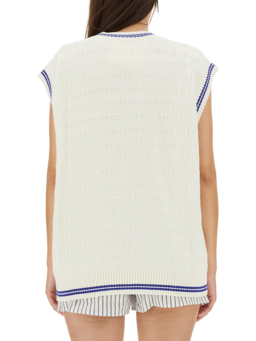 White Logo V Neck Sweater 2