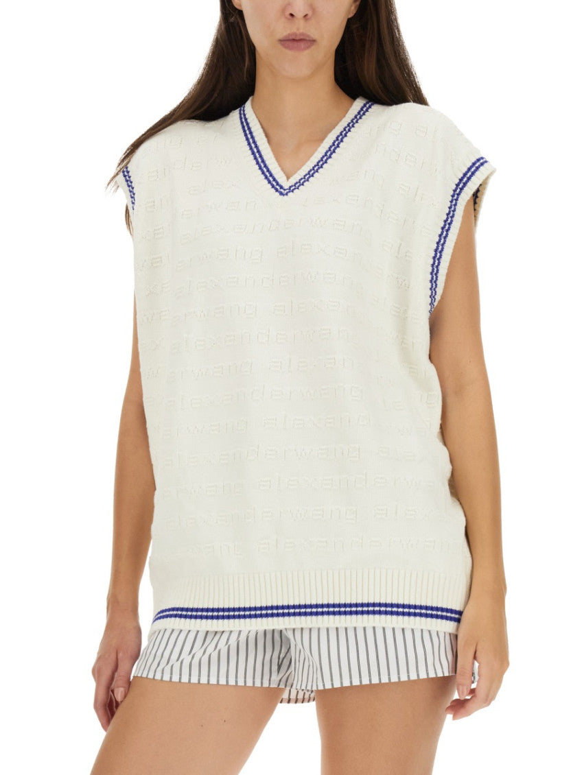 White Logo V Neck Sweater 3