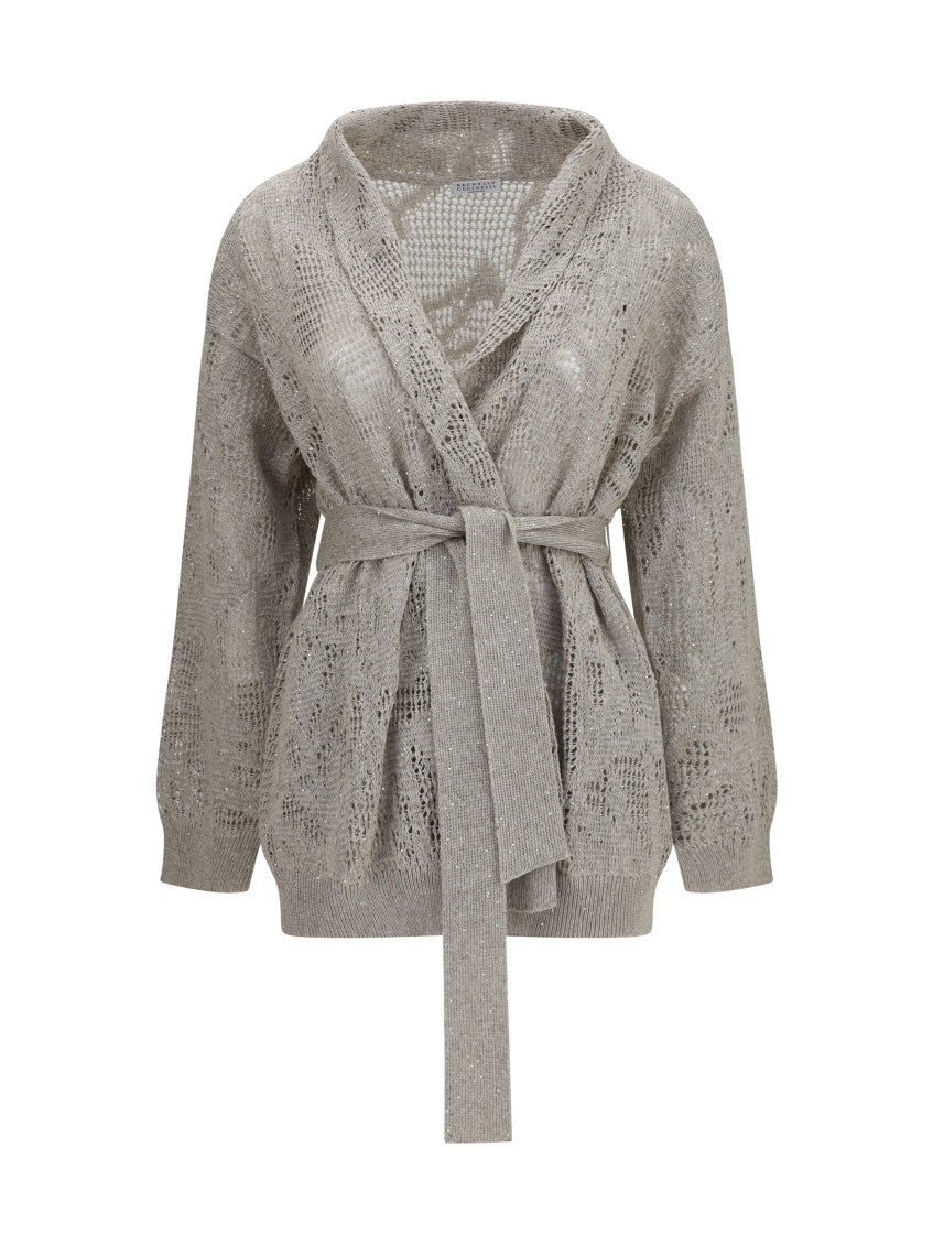 Beige Embellished Shawl Neck Sweater 1