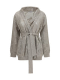 Beige Embellished Shawl Neck Sweater 1