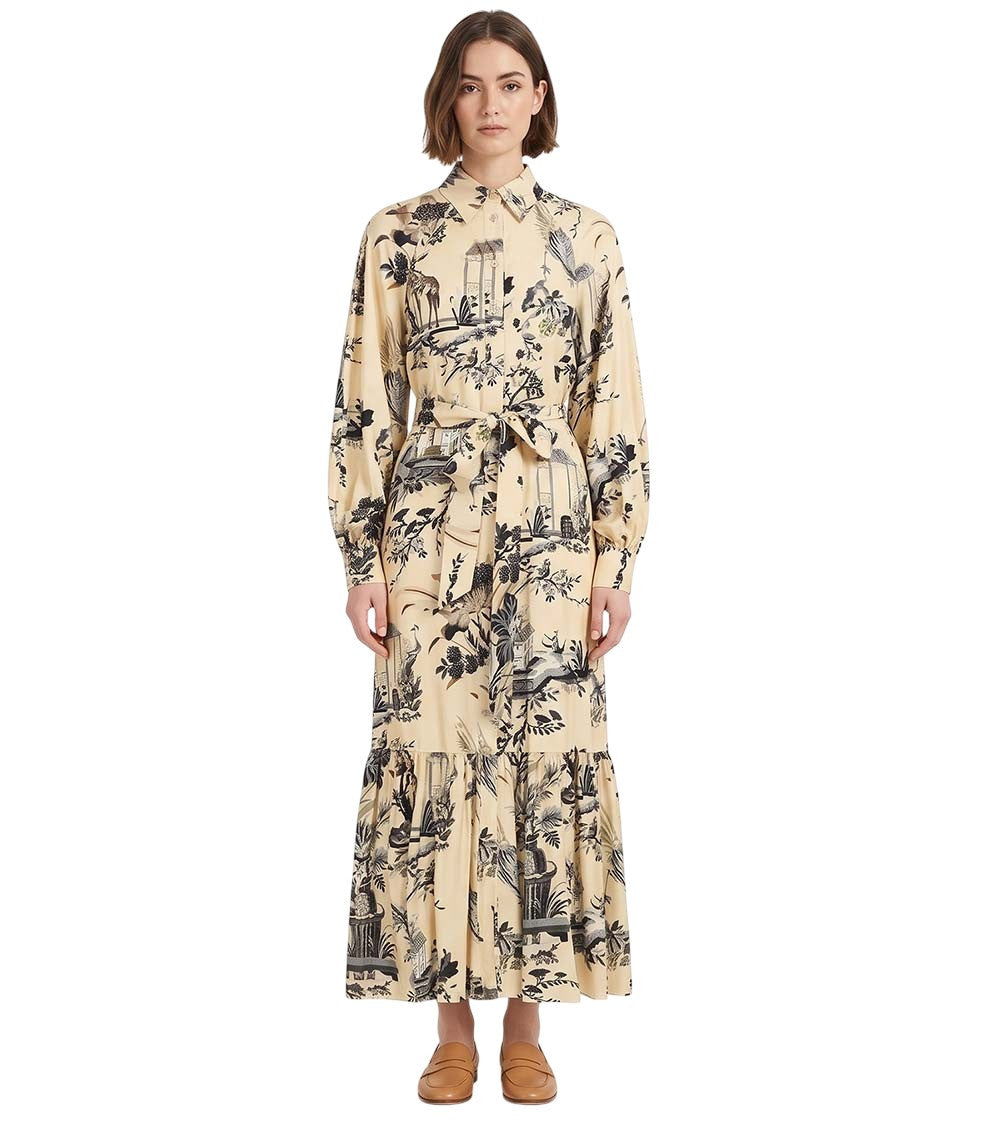 Beige Printed Shirt Collar Midi Dress 1