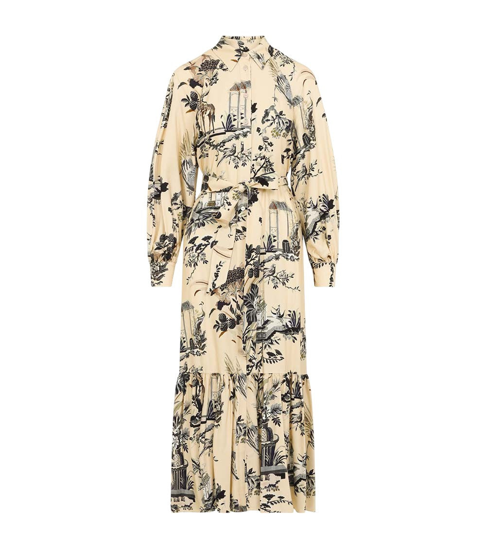 Beige Printed Shirt Collar Midi Dress 3