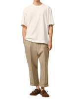Beige Solid Pleated Trousers 1