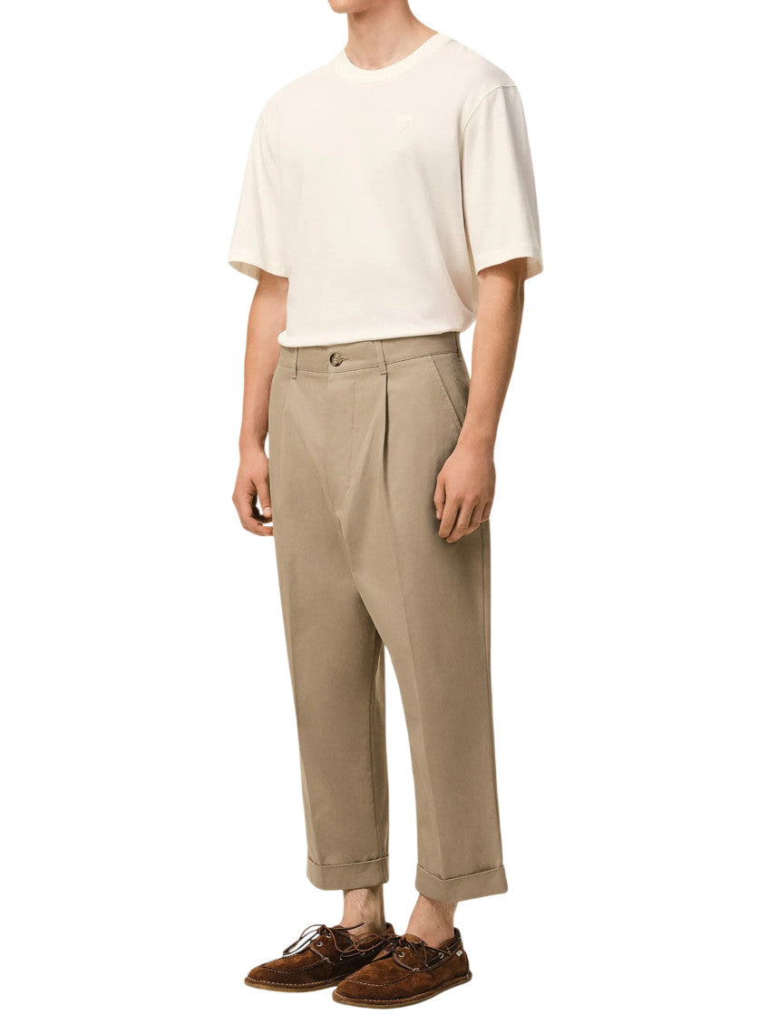 Beige Solid Pleated Trousers 2