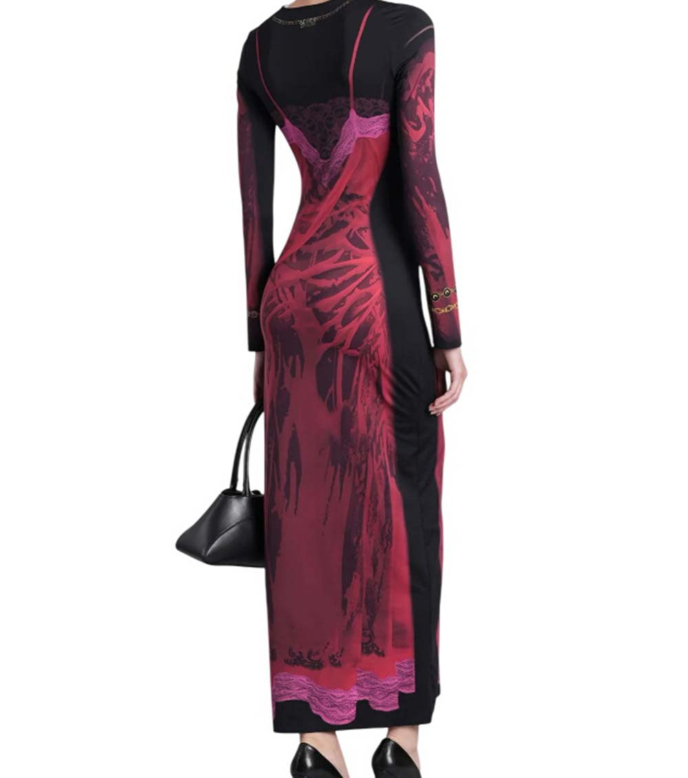 Red Printed Crew Neck Midi Dress 2