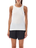 White Crew Neck logo Tan Top 1