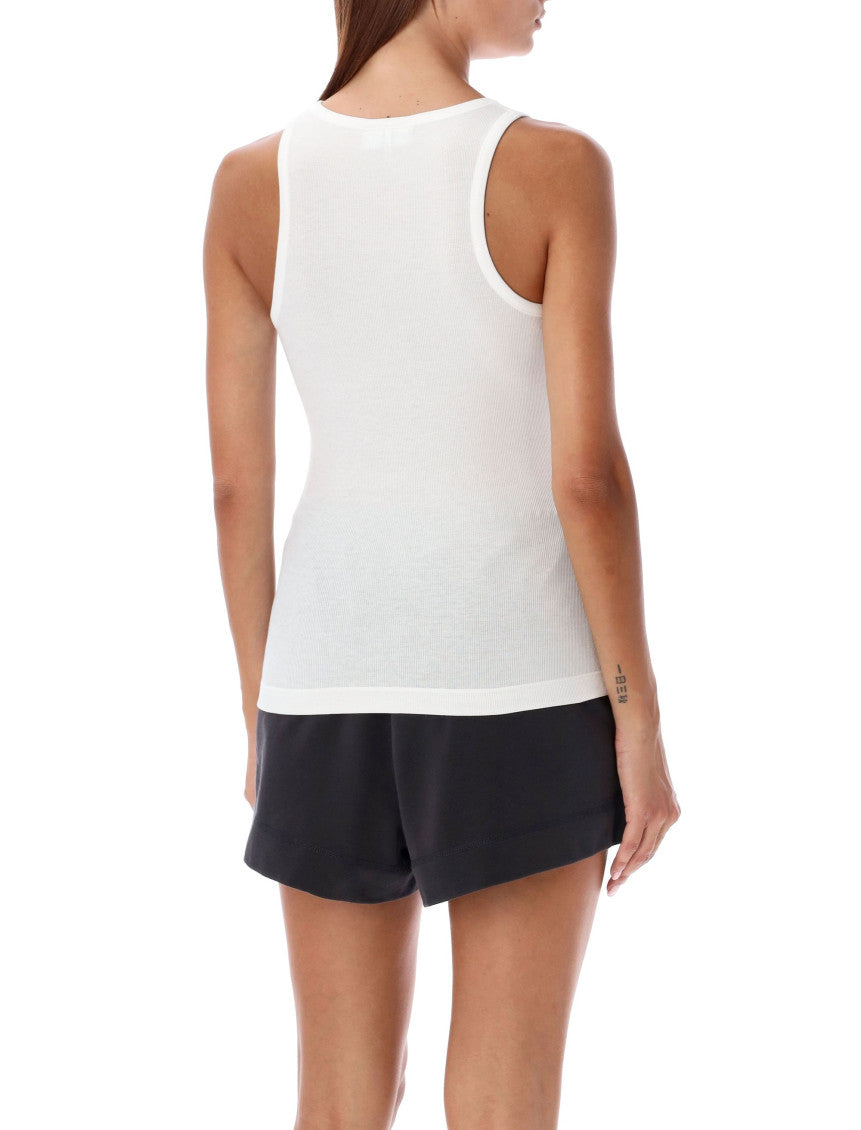 White Crew Neck logo Tan Top 2