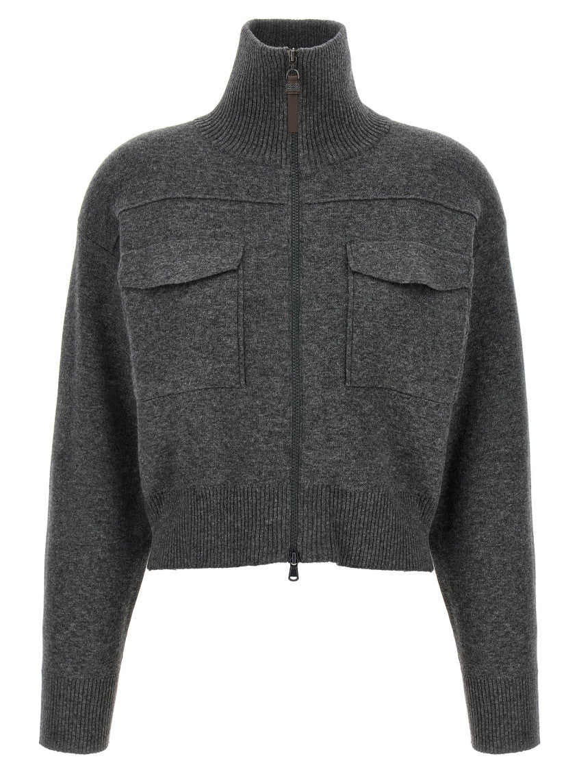 Grey 'Shiny Zipper Pull' Wool cardigan 1