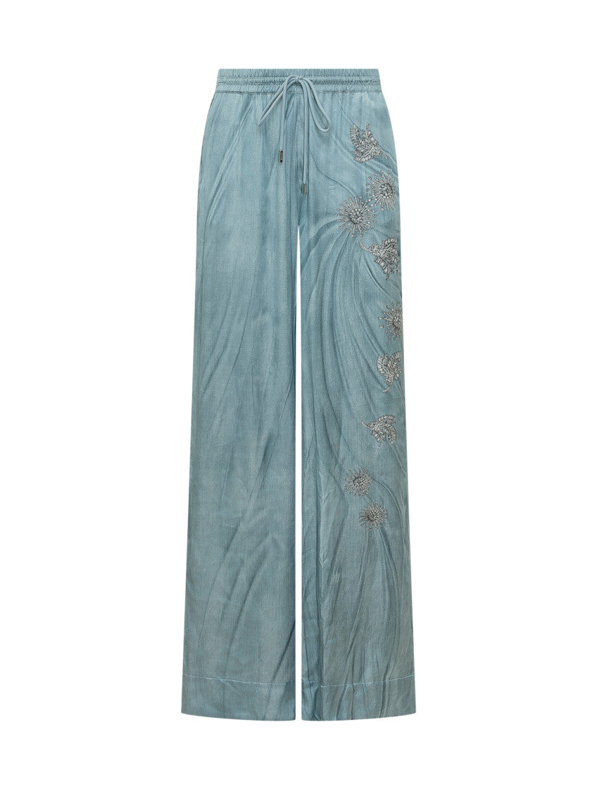 Blue Embroidered Relaxed Drawstring Pants 1