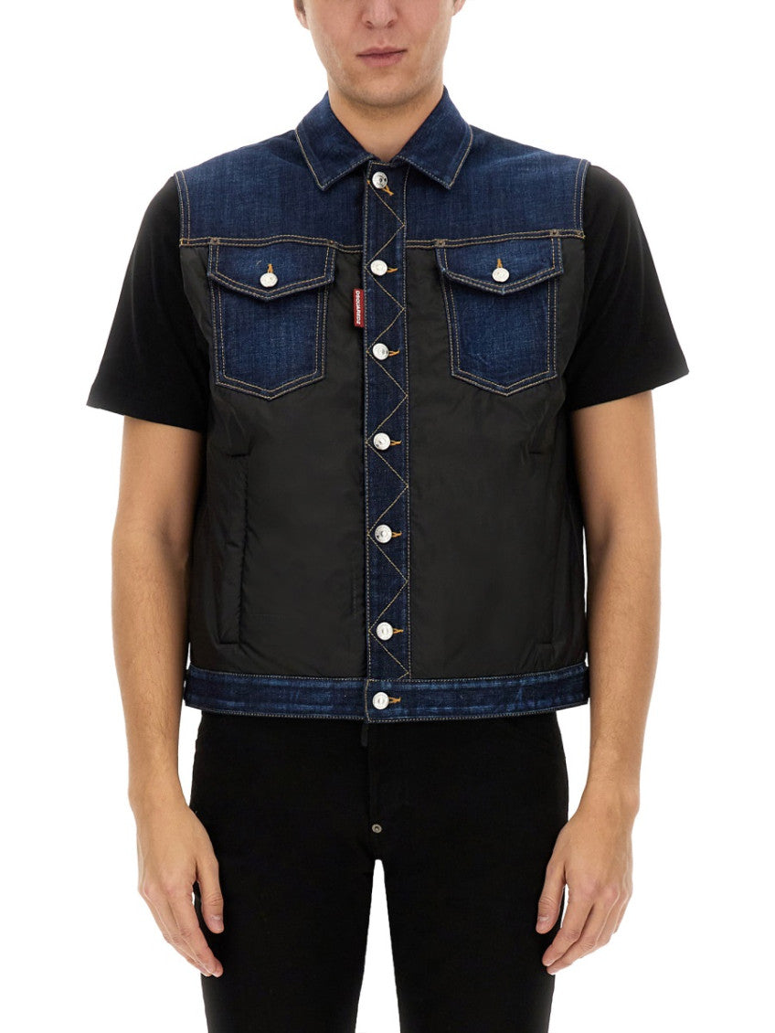 Denim Color Block Shirt Collar Top 1
