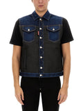 Denim Color Block Shirt Collar Top 1