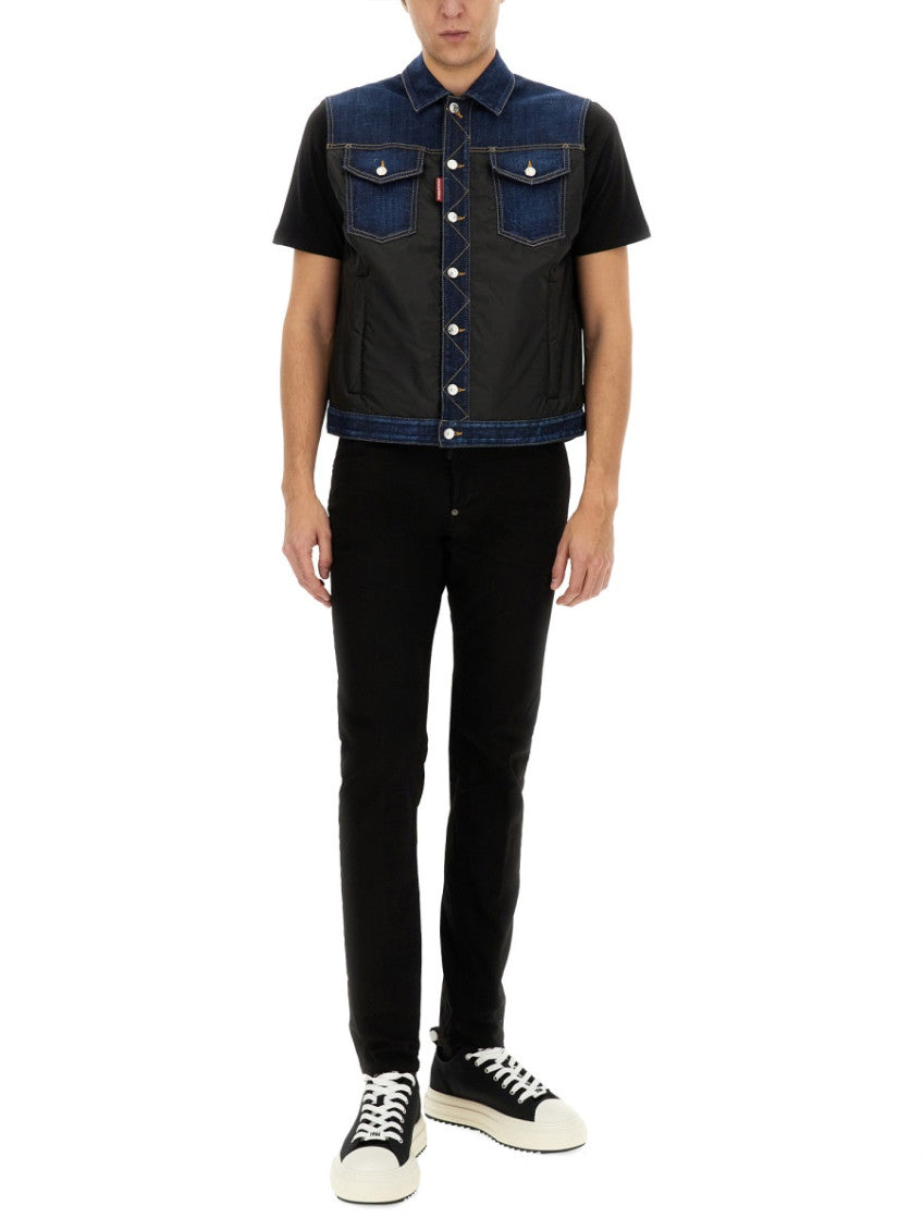 Denim Color Block Shirt Collar Top 2
