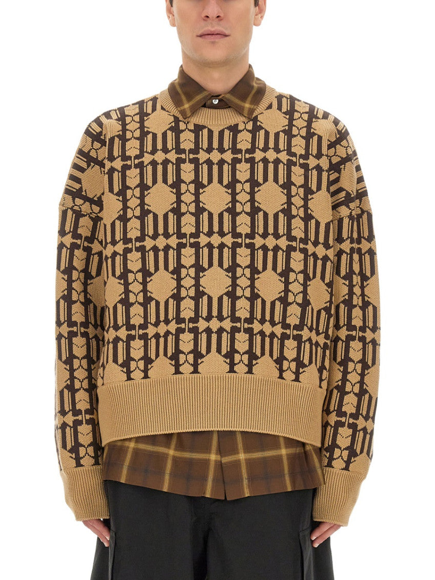 Beige Jacquard Crew Neck Sweater 1