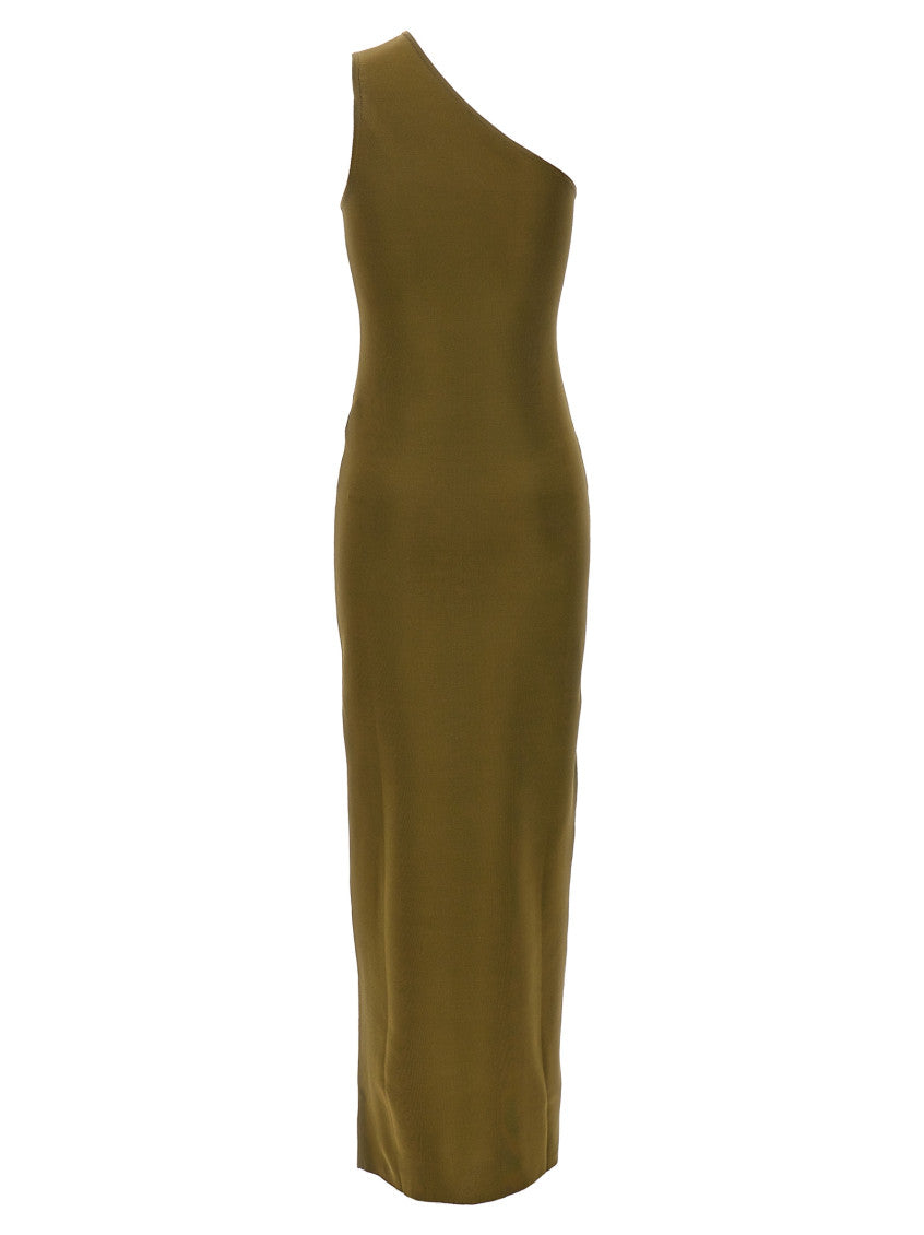 Green One-shoulder silk long dress 2