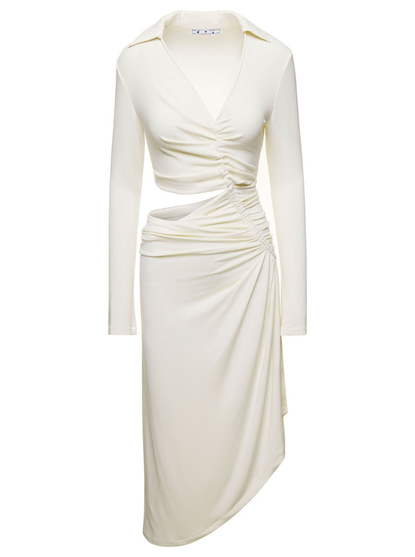 White Midi Dress With Cut And Gathering Details In Viscose Stretch Woman 1