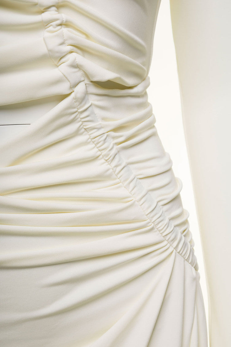 White Midi Dress With Cut And Gathering Details In Viscose Stretch Woman 3