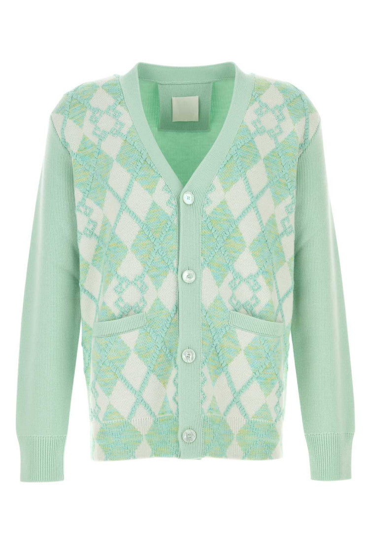 Light Green Argyle Intarsia-knit Cardigan 1