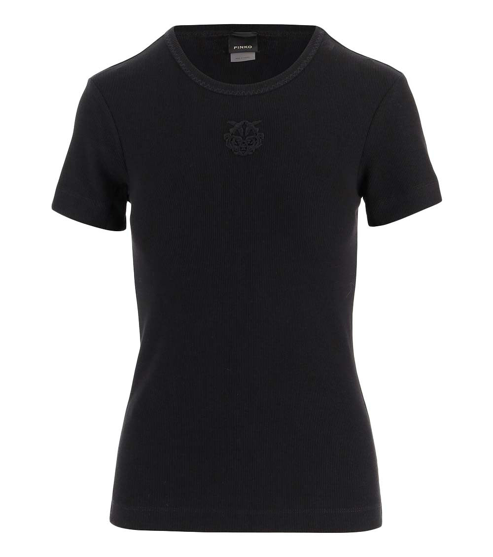 Black Round Neck Ribbed Logo T-Shirt 1