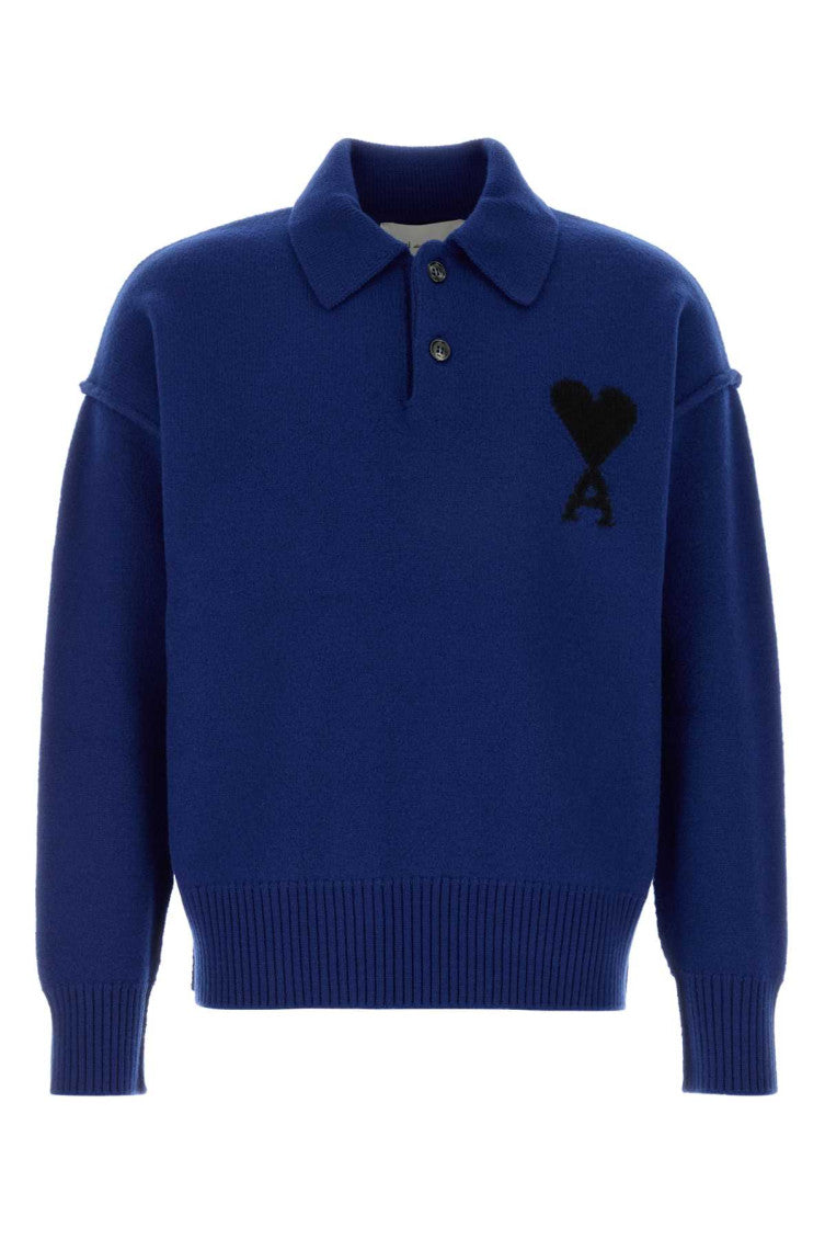 Blue Solid Shirt Collar Sweater 1