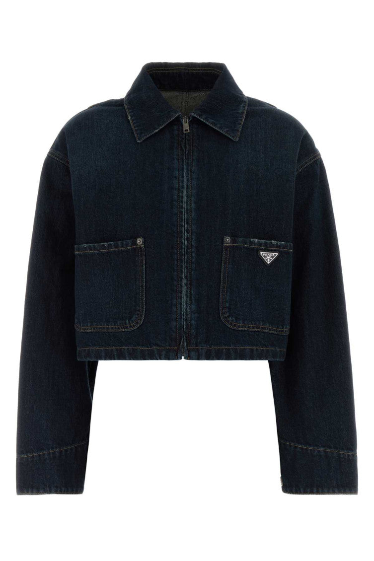 Navy Blue Logo Shirt Collar Jacket 1