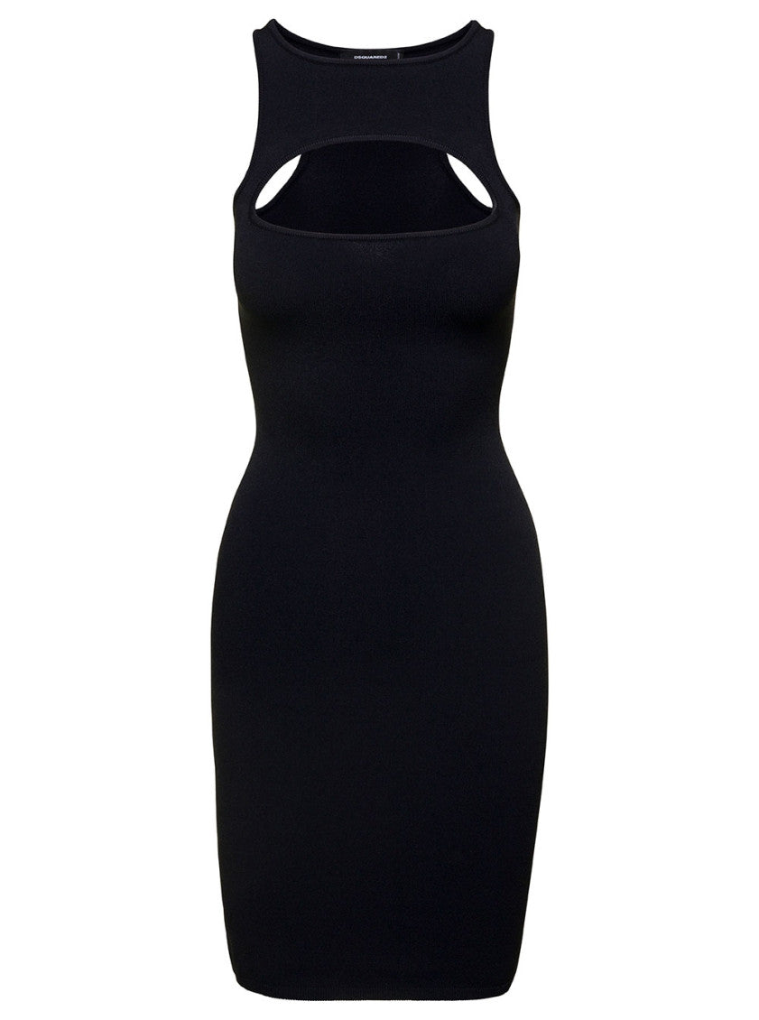 Black Mini Sleeveless Ribbed Dress With Cut-Out Detail 1