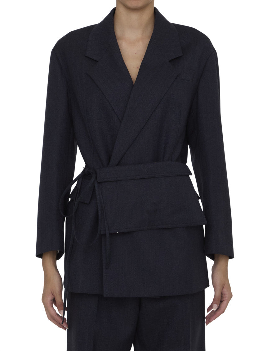 Navy Blue Striped Peaked Lapel Blazer 1