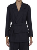 Navy Blue Striped Peaked Lapel Blazer 1