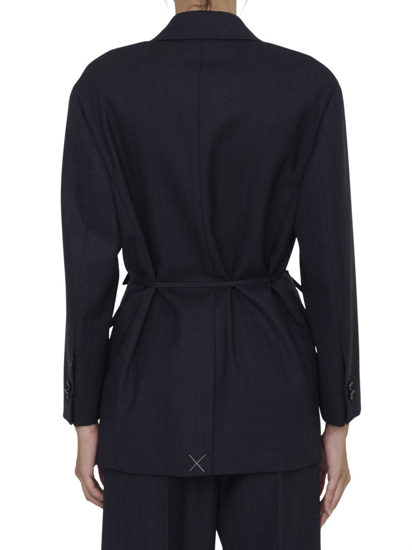 Navy Blue Striped Peaked Lapel Blazer 2