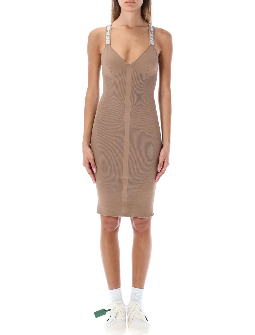 Beige V Neck Knee Length Dress 1