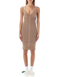 Beige V Neck Knee Length Dress 1