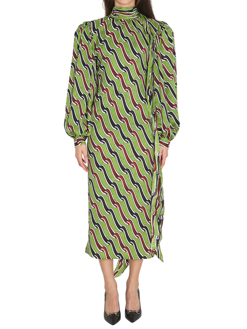 Green Printed Mock Collar Midi Dress 1