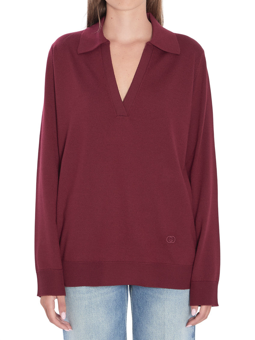 Red Solid Shirt Collar Sweater 1