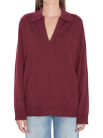 Red Solid Shirt Collar Sweater 1