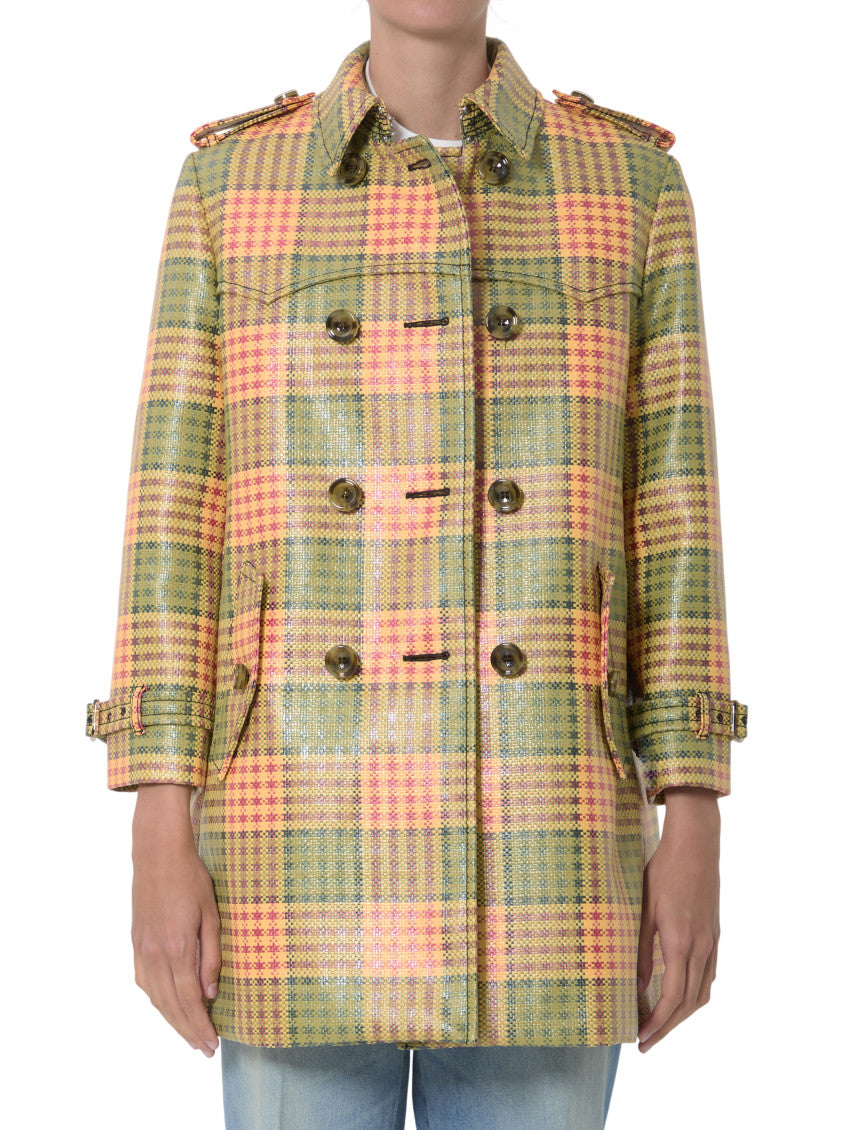 Multicolor Checks Shirt Collar Trench Coat 1