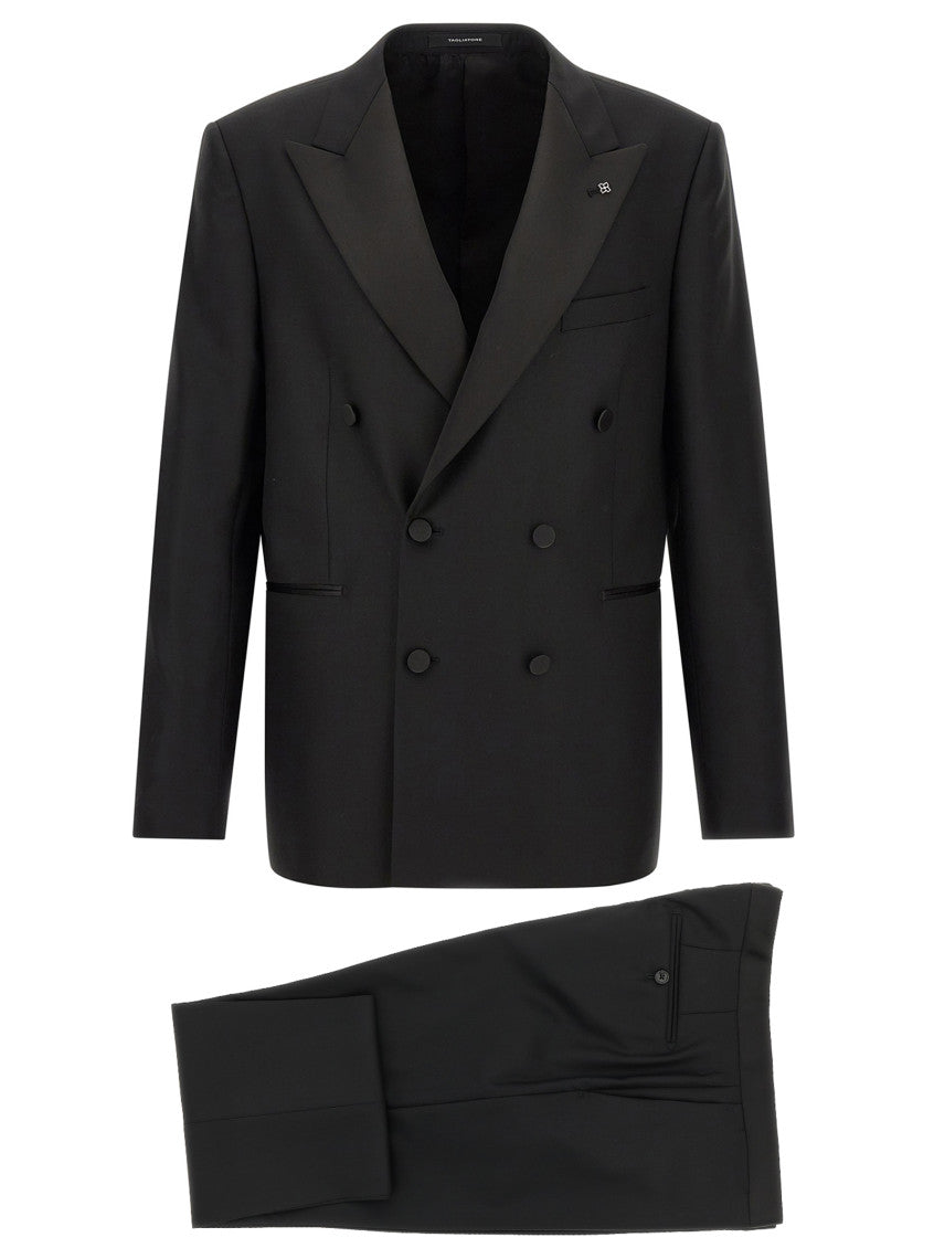 Black Solid Double-Breasted Suit 1